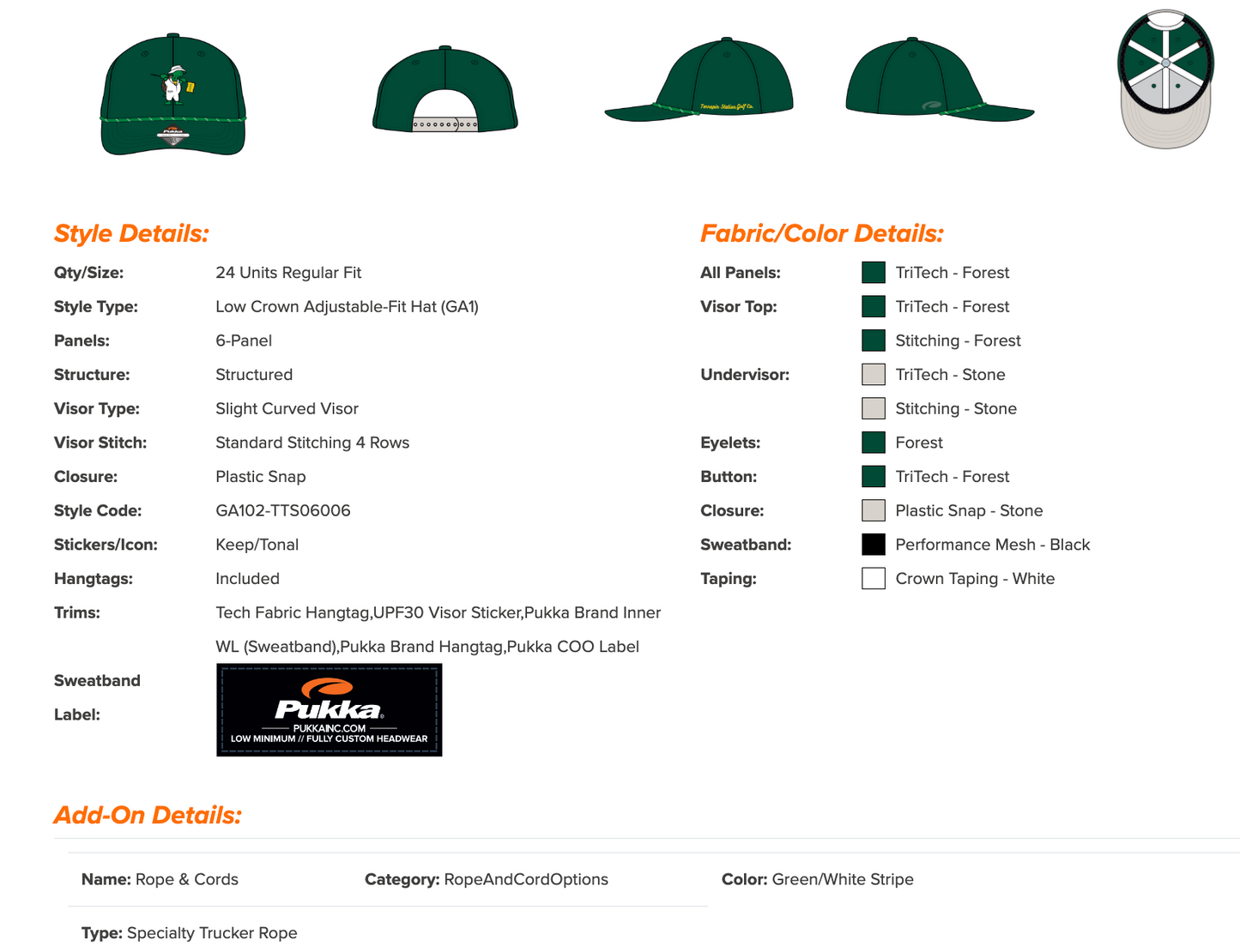 Forest green golf snapback specifications and sizing details