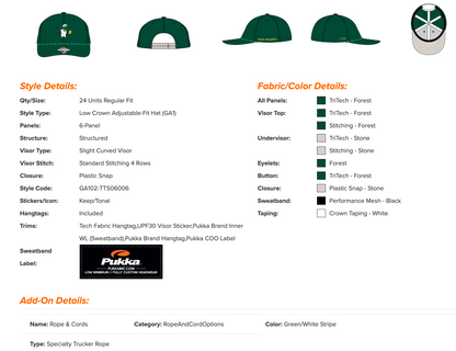 Forest green golf snapback specifications and sizing details