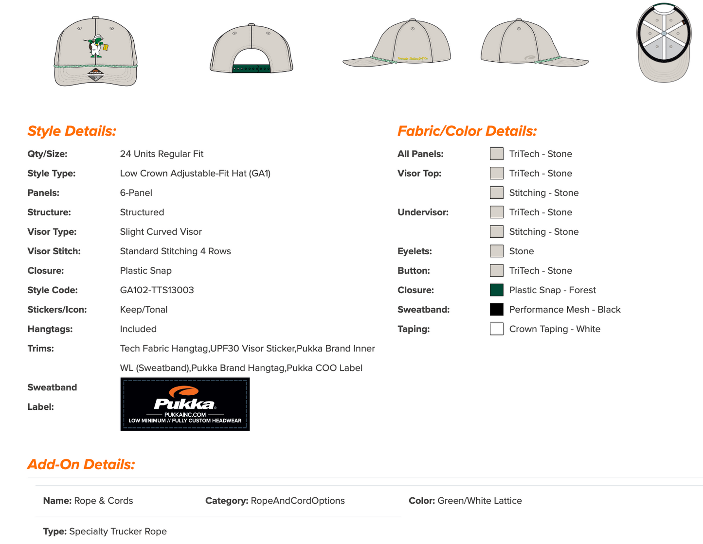 Stone golf snapback specifications and sizing details