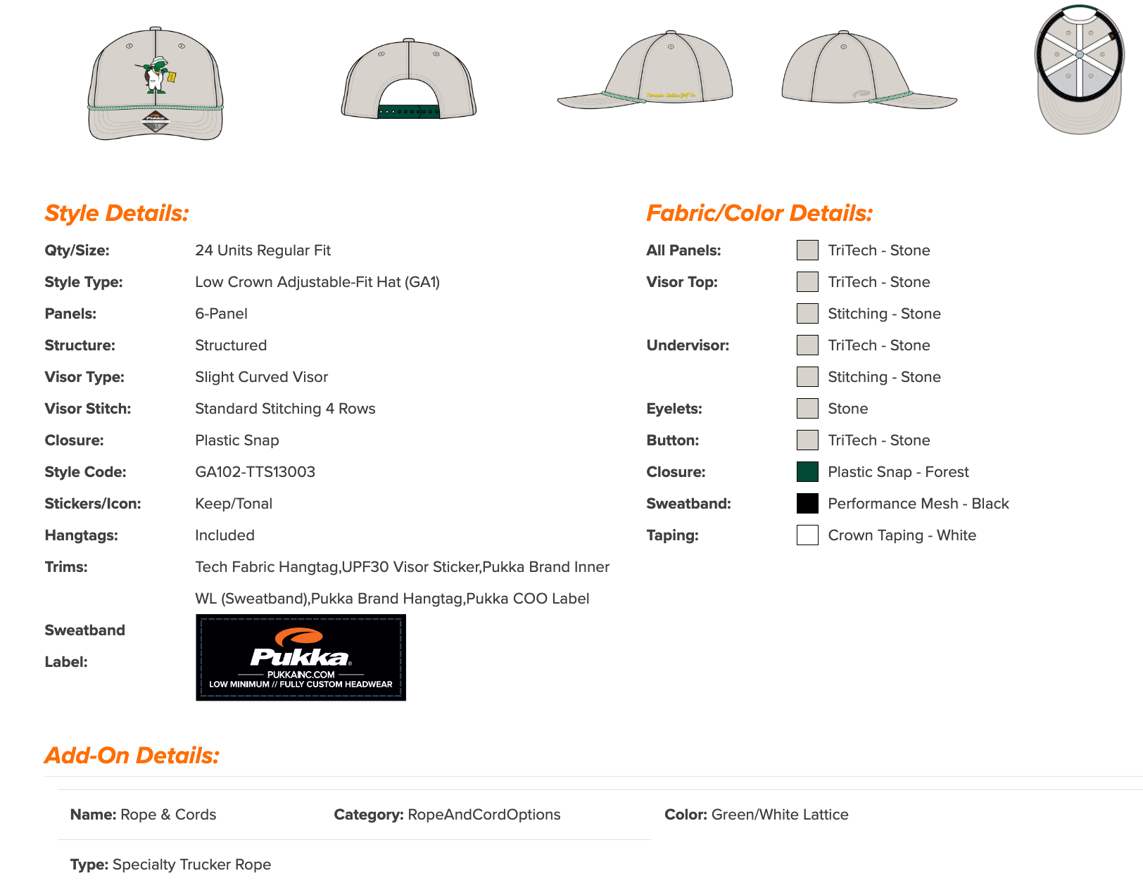 Stone golf snapback specifications and sizing details