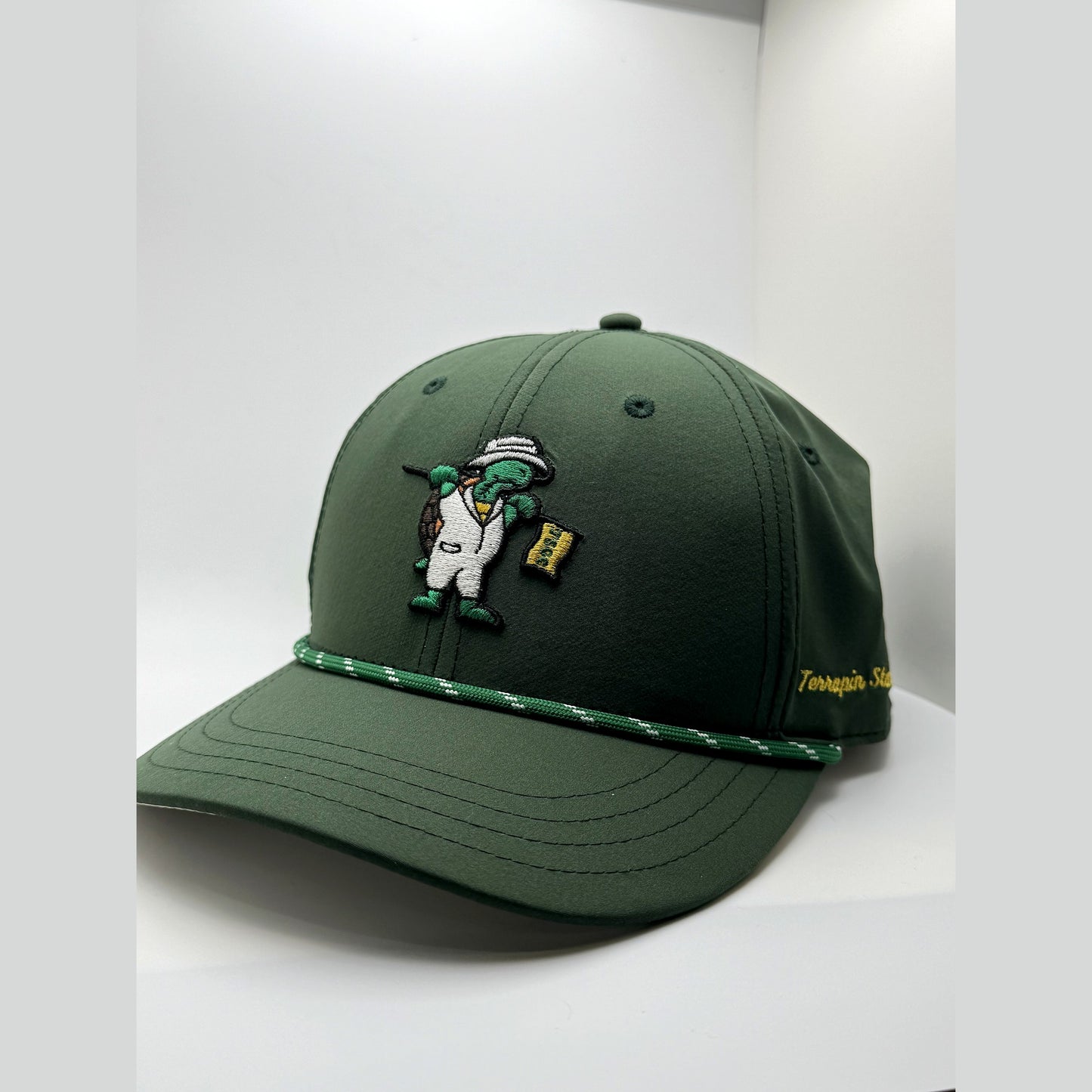 Forest green rope golf snapback hat with green and white rope, side angle