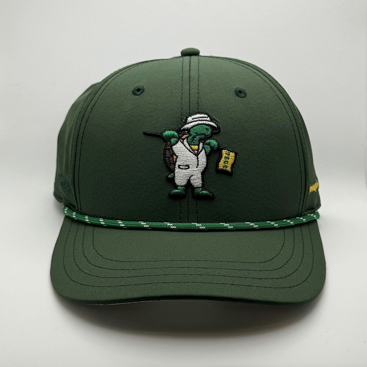 Forest green golf snapback hat with terrapin caddy logo, front