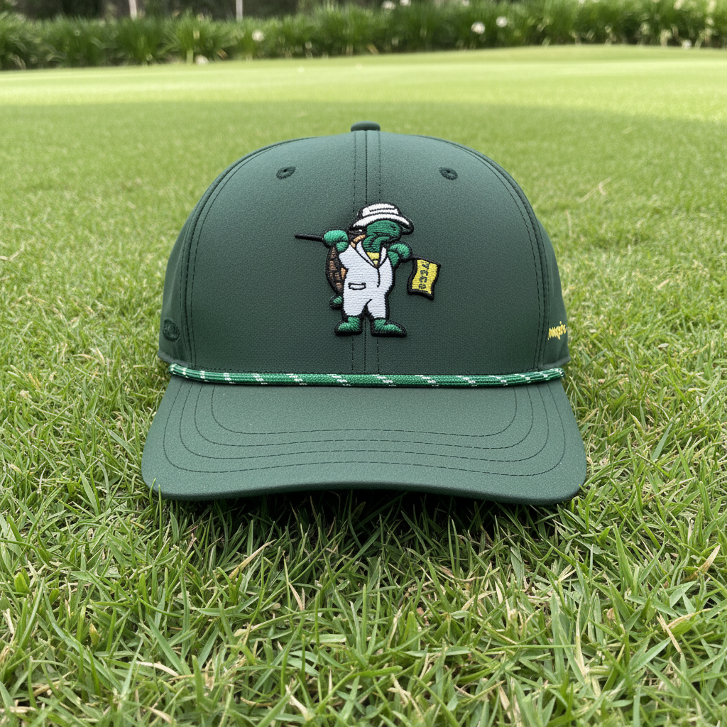 Forest green rope golf snapback hat with embroidered terrapin caddy logo, front view