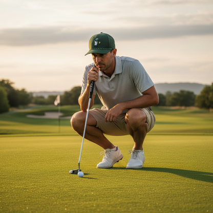 Forest green performance golf snapback hat, front view