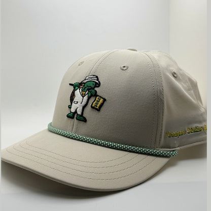 Stone rope golf snapback hat with green and white rope, side angle