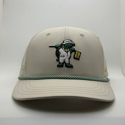 Stone golf snapback hat with terrapin caddy logo and forest green rope, front