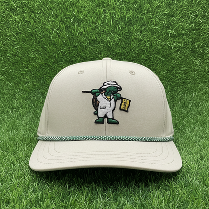 Stone cream rope golf snapback hat with embroidered terrapin caddy logo, front view