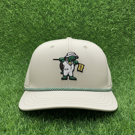 Stone cream rope golf snapback hat with embroidered terrapin caddy logo, front view