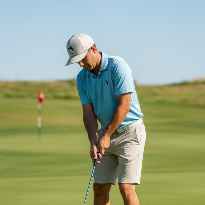 Cream stone performance golf snapback hat, front view
